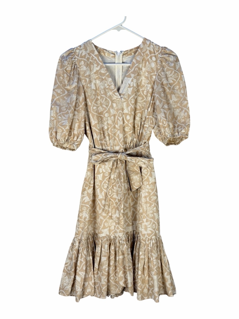 Calvin Klein Beige Floral Puff-Sleeve Midi Dress with Tie Waist